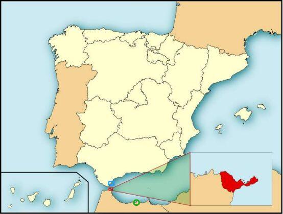 西班牙地图，不仅包括伊比利亚半岛本土，还包括梅利利亚（绿色圈），休达（红色圈）和位于大西洋的加那利群岛（左下）