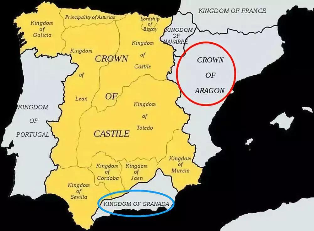 西班牙收复失地运动，其中蓝色部分（格拉纳达王国）为西班牙收复失地运动最后一站