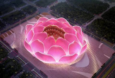 直播吧4月19日讯 恒大十万人新球场动工,莲花外观造型引起热议.