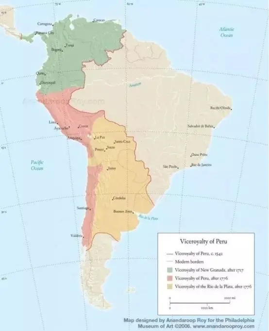 西班牙殖民南美时期的三大总督辖区（黄色为阿根廷所在的拉普拉塔总督辖区，下辖今天的阿根廷，巴拉圭，乌拉圭和玻利维亚）
