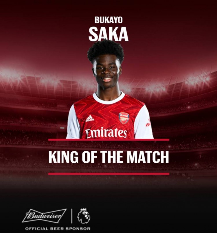 吊射攻破门迪十指关萨卡当选全场最佳球员