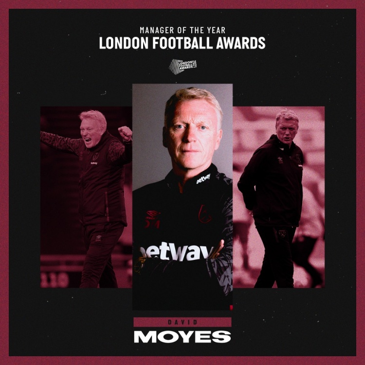 官方：西汉姆联主帅莫耶斯获得伦敦足球年度最佳教练奖