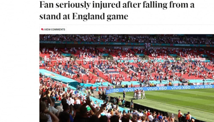 标晚：在英格兰对阵克罗地亚比赛中，一名球迷从看台摔下严重受伤