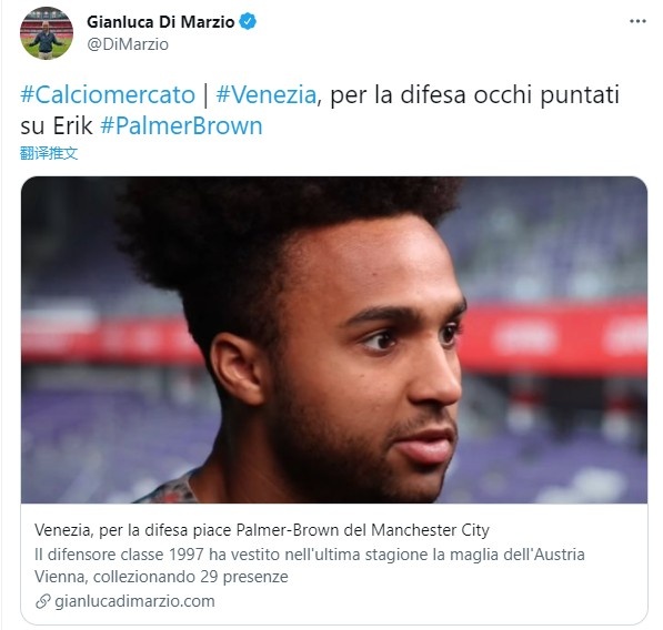 迪马济奥：威尼斯准备签下曼城外租后卫帕尔默-布朗