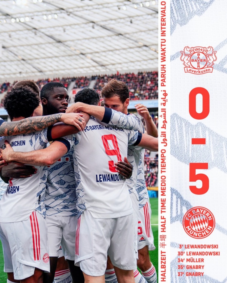 拜仁队史首次在德甲联赛以5球领先结束上半场