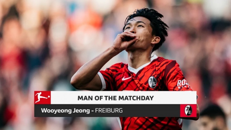 官方：弗赖堡的韩国前锋郑优营当选德甲第八轮最佳球员