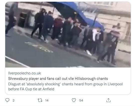 什鲁斯伯里球迷战利物浦赛前唱希尔斯堡惨案歌曲，遭到各方谴责