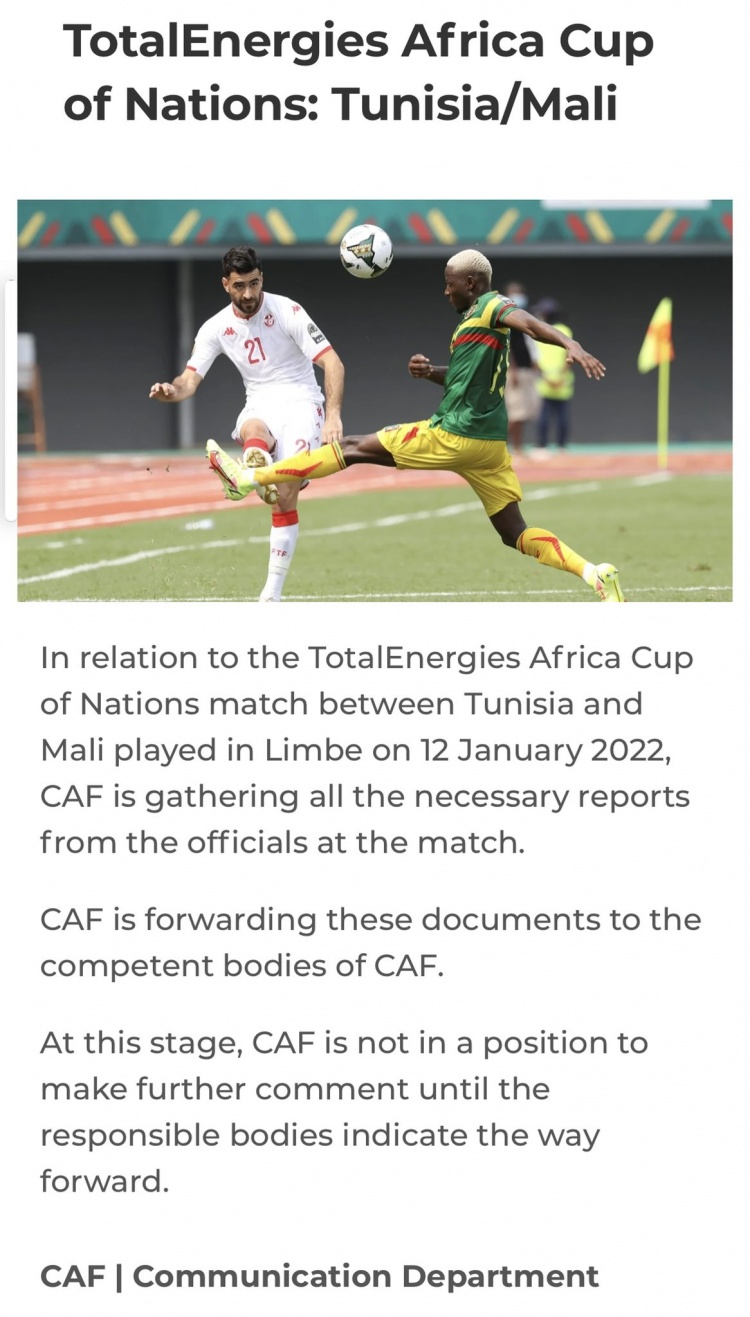 BBC记者更新马里VS突尼斯后续：非洲足联正收集相关报告