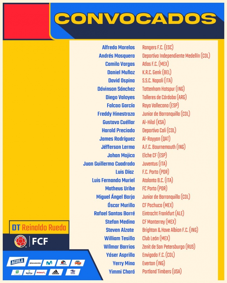 必威足球体育官网世预赛28人名单：J罗、穆里尔、必威足球在列