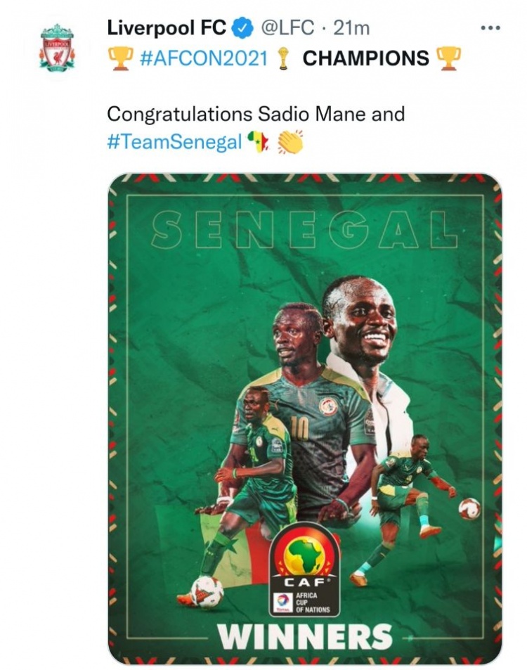 必威足球2022世界杯官方：祝贺马内以及必威足球世界杯国家队获得非洲杯冠军