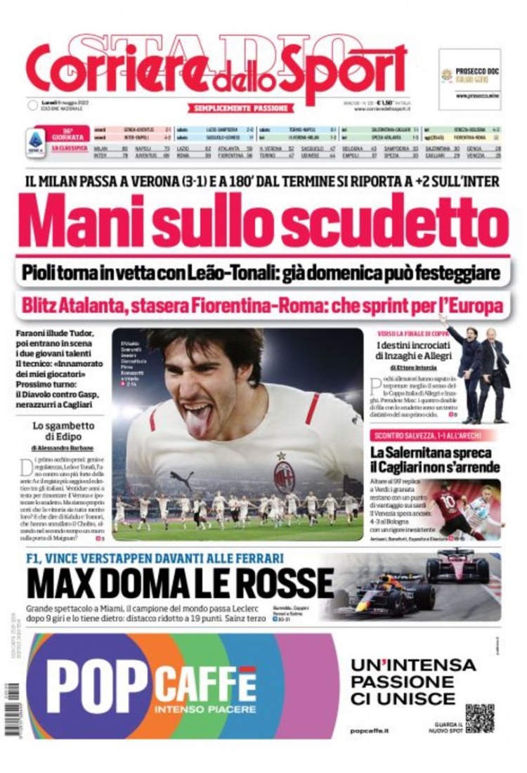 罗马体育报头版：米兰双手触摸到联赛冠军