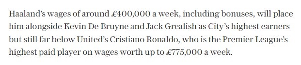 电讯报：曼城签约哈兰德的总成本可能达到2.13亿镑