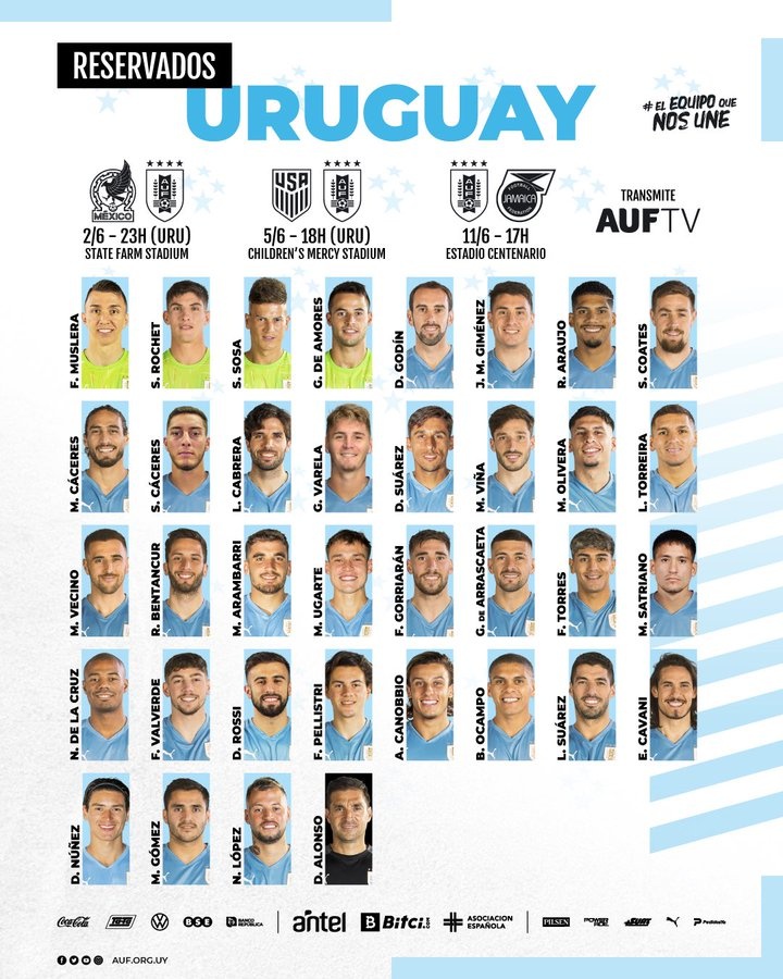 乌拉圭最新大名单：苏亚雷斯、卡瓦尼领衔，努涅斯、阿劳霍入围