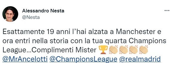 内斯塔发文祝贺安切洛蒂：19年前你率米兰举起欧冠，现已4冠在手
