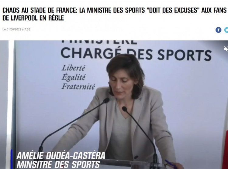 法国体育部长：利物浦管理球迷方式太松散，向持有效票的球迷致歉