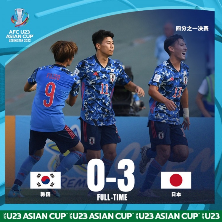 U23亚洲杯1/4决赛日韩对决，日本U21以3-0完胜韩国U23晋级四强