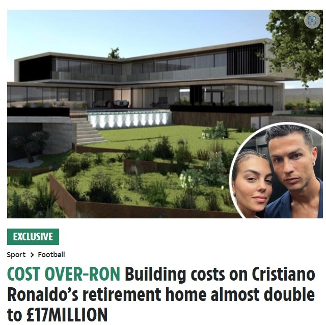 太阳报：C罗豪宅修建成本上涨至1700万镑，他退役后将住在这里