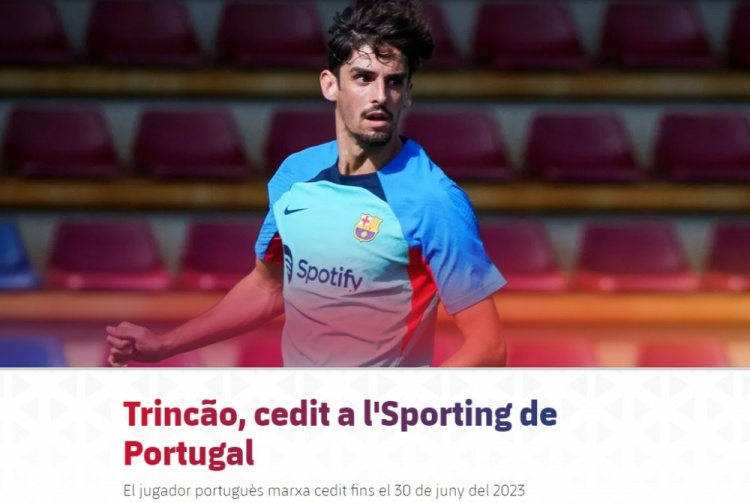 官方：巴萨边锋特林康租借加盟葡萄牙体育，租期一年