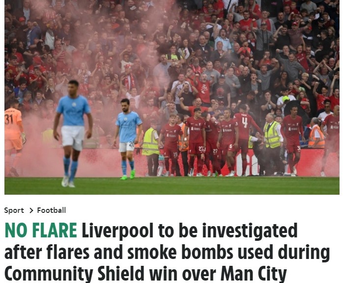 利物浦球迷在社区盾现场燃放火炬和烟雾弹，俱乐部将接受调查