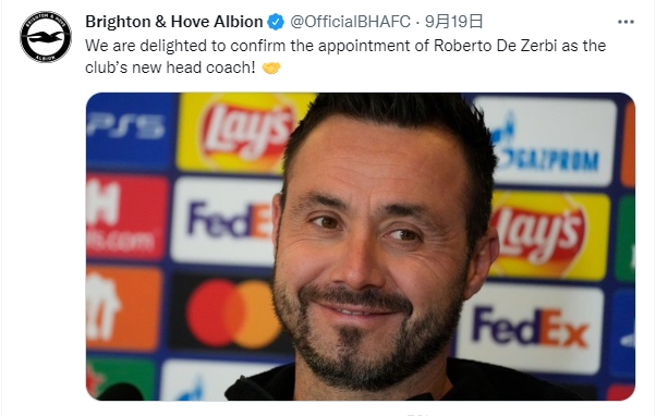 官方：德泽尔比成为布莱顿新任主教练