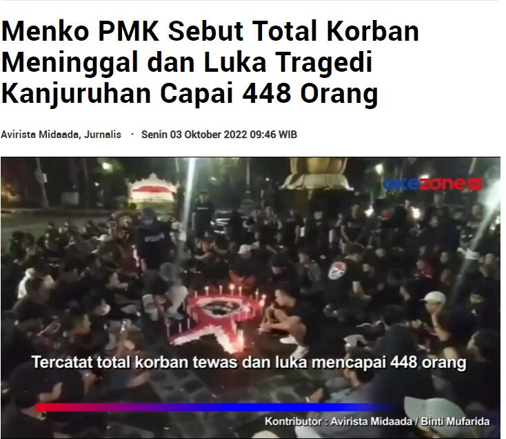 印尼媒体：印尼球场骚乱已致448人伤亡