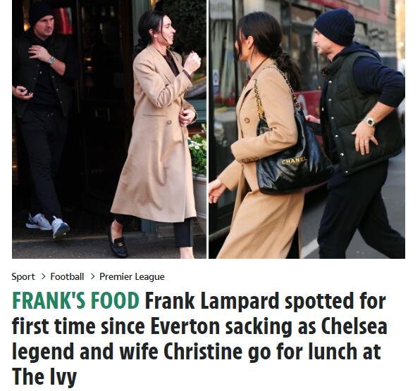 被解雇后首次被拍到，太阳报：兰帕德已回到伦敦 与妻子外出就餐