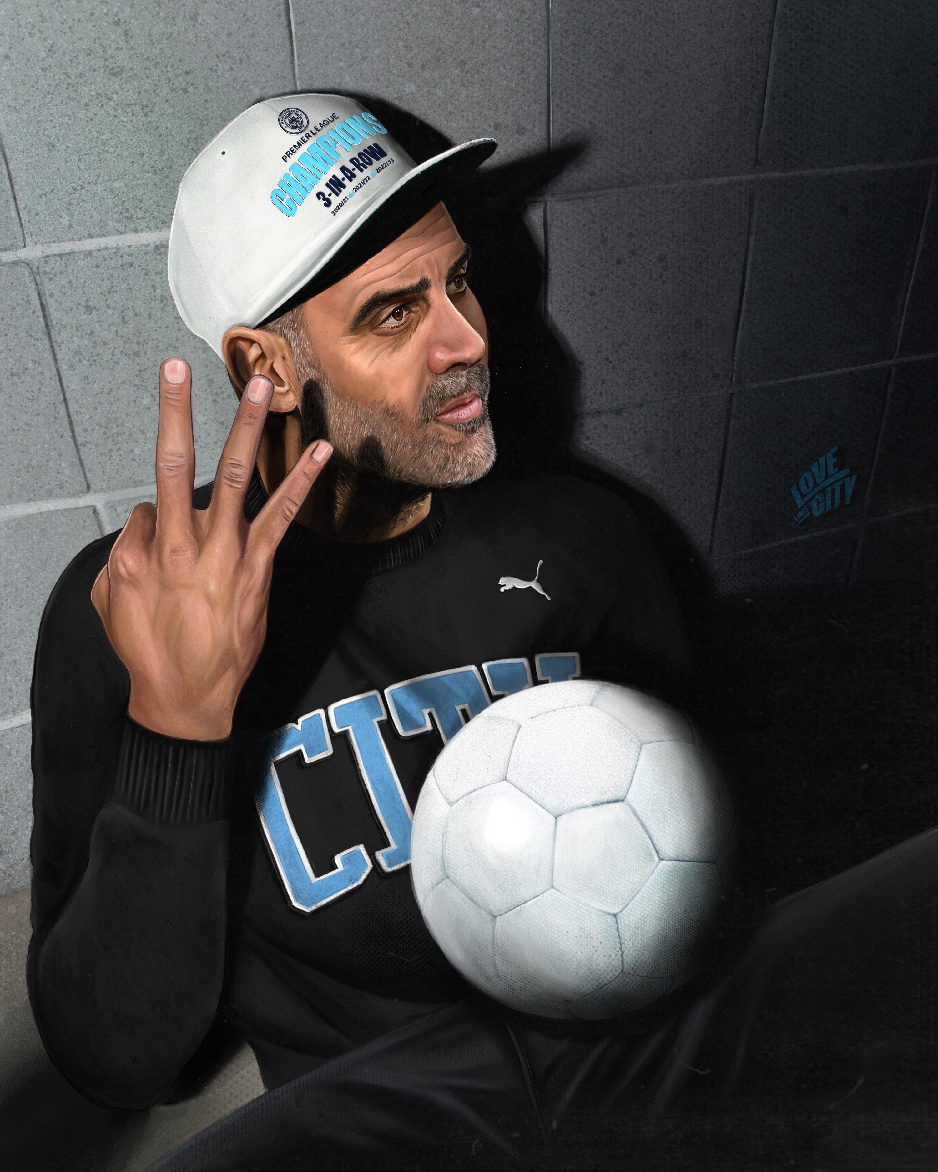 曼城官推制作海报庆祝球队英超三连冠瓜迪奥拉比出三根手指