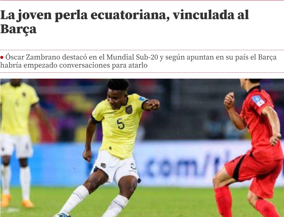 世体：巴萨有意厄瓜多尔19岁中场赞布拉诺，球员是U20国家队主力