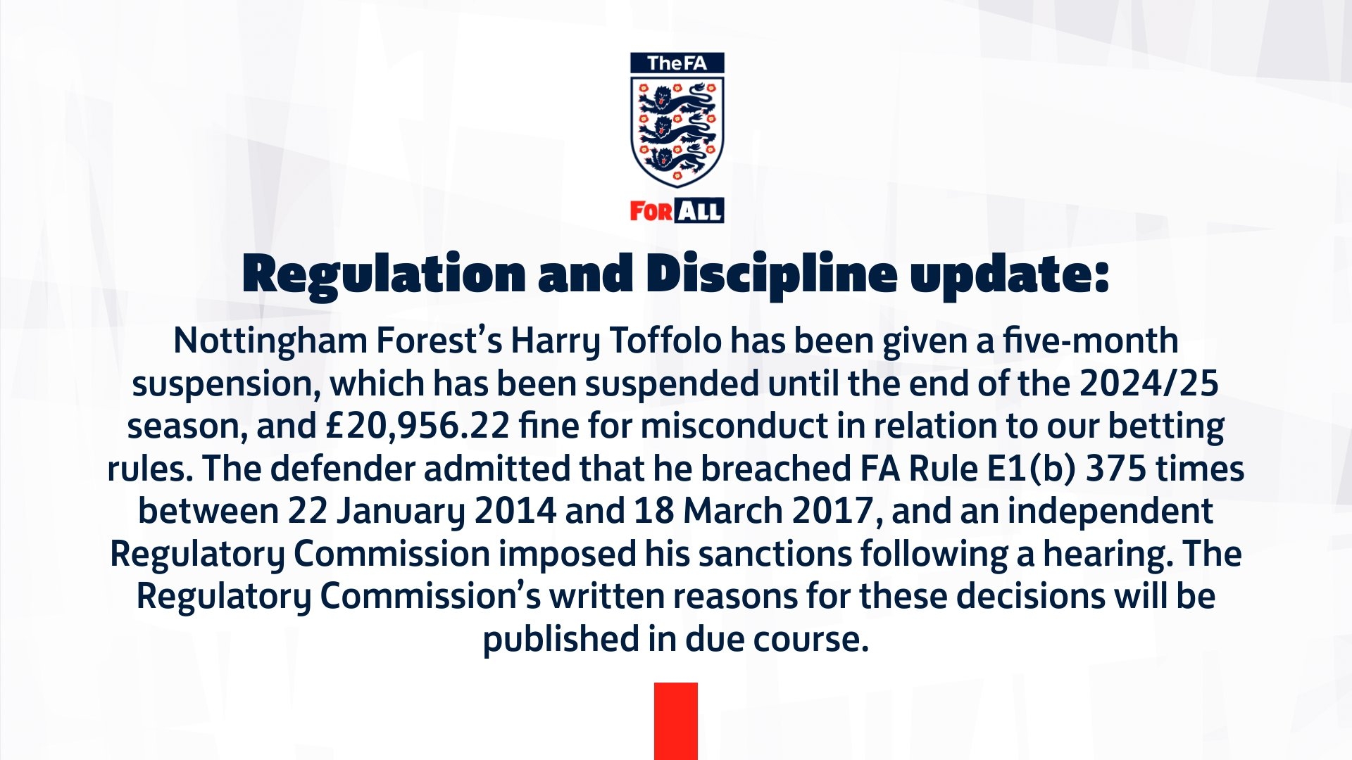 官方：诺丁汉森林球员托福罗因赌球被罚停赛5个月&罚款近2万镑