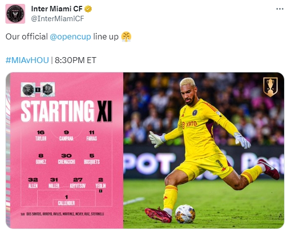 梅西缺席公开杯决赛，迈阿密国际官推公布首发时附“😤”emoji