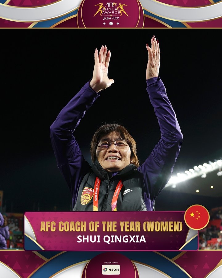 官方：中国女足主帅水庆霞当选亚足联2022年度最佳女足教练