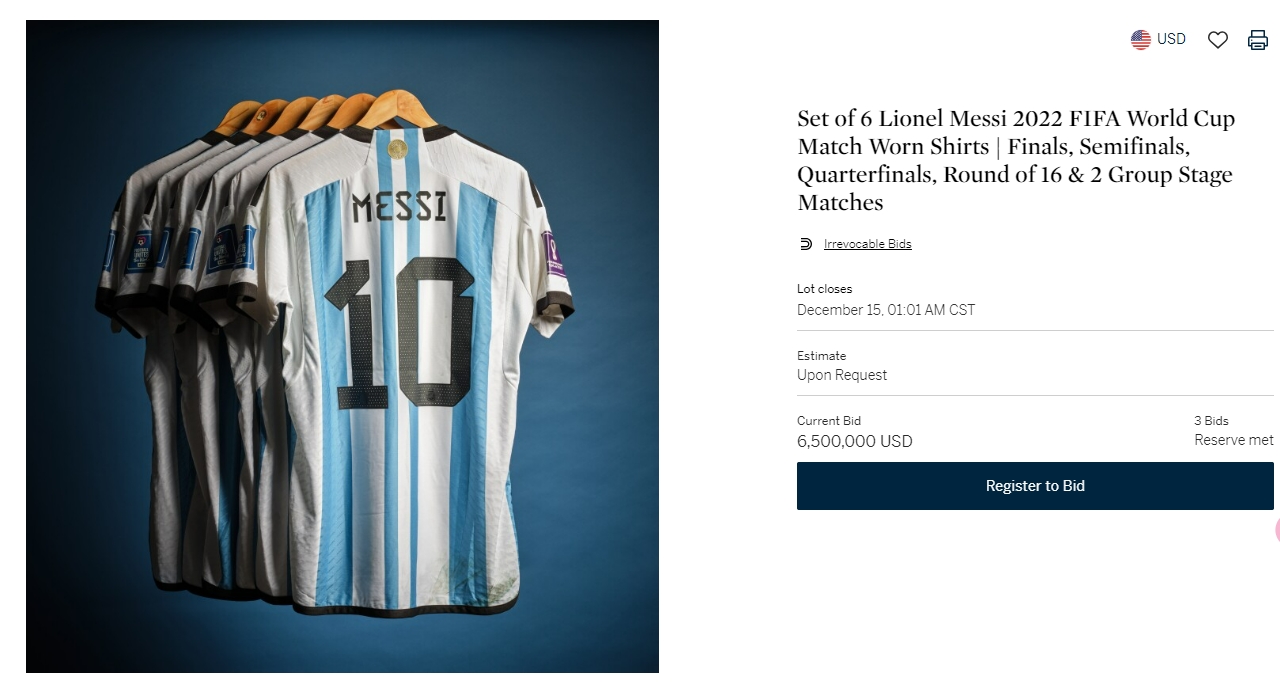 梅西世界杯球衣套装拍卖价达650万美元，距离乔丹纪录还差360万