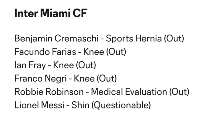 梅西缺席迈阿密国际vs蒙特利尔，此前球员胫骨受伤进入伤病名单