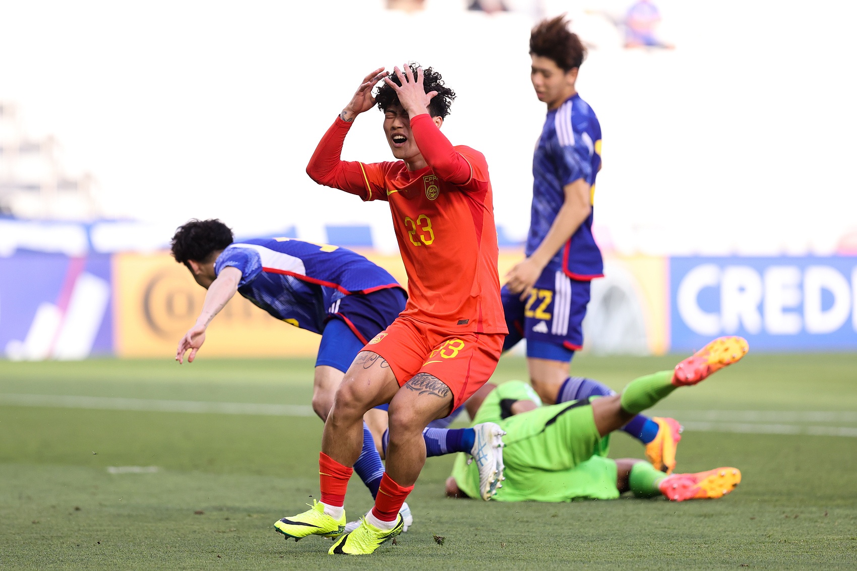 中国国奥最近8次对阵韩国仅取得1平7负，中国最近阵韩共进1球丢14球