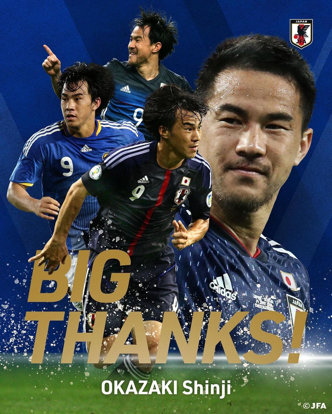 日本足协晒海报致敬冈崎慎司：日本队历史第三射手，日本感谢你的足协付出