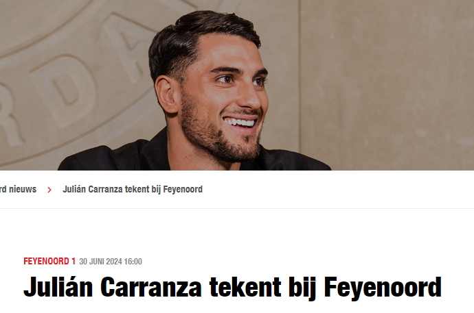 官方：24岁阿根廷球员朱利安-卡兰萨加盟费耶诺德，官员根廷双方签约四年