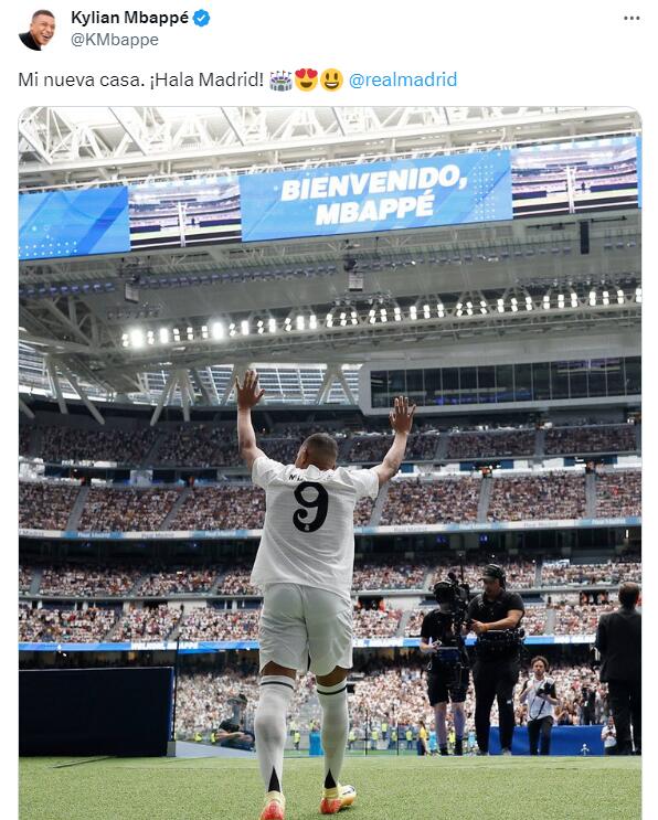 姆巴佩晒与伯纳乌合照，并用西语配文：我的新家美女人体艺术，Hala Madrid!