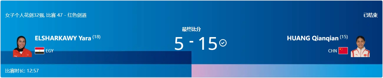 冠军：女子个人花剑黄芊芊以15-5战胜对手晋级 成为唯一进入16强的中国选手