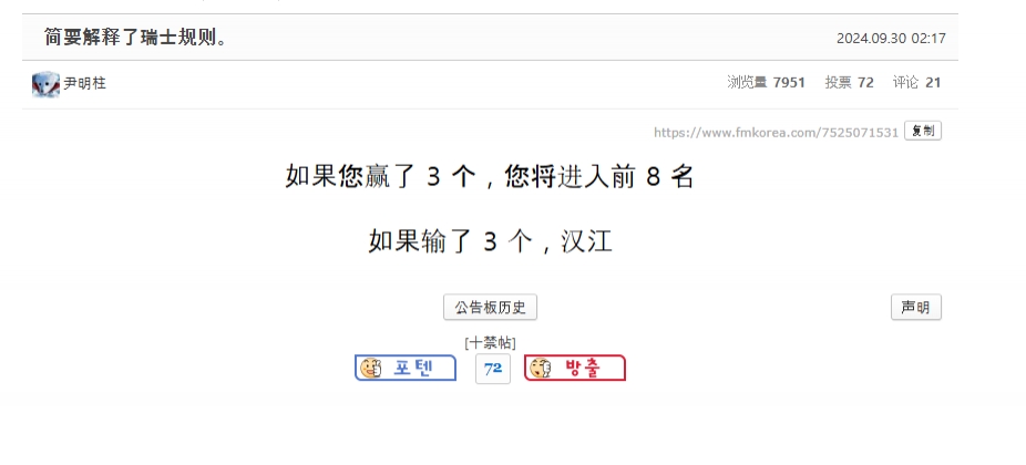 这样整活？韩网网友科普瑞士轮规则：赢3场晋级八强 输3场直接投汉江！