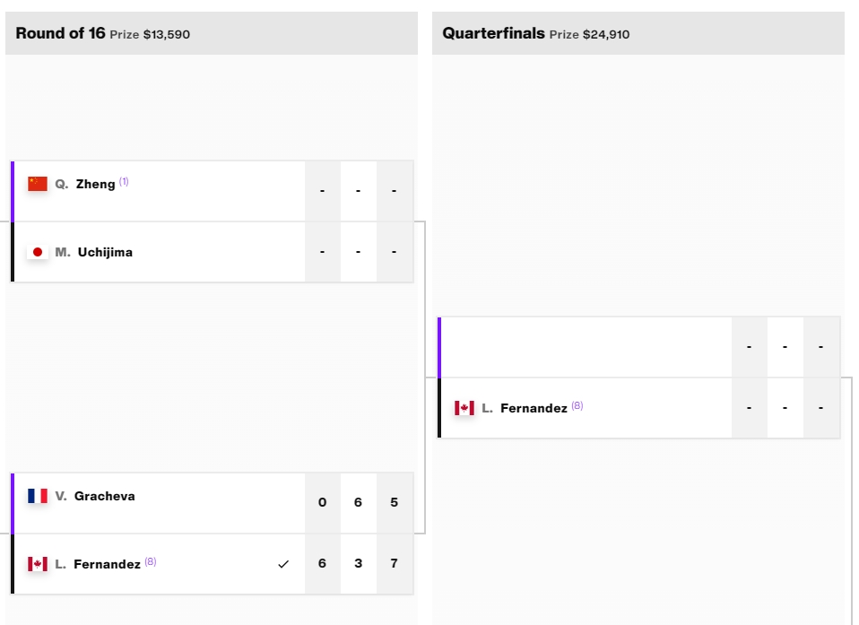 WTA500东京站费尔南德斯晋级八强，静候郑钦文与内岛萌夏的胜者