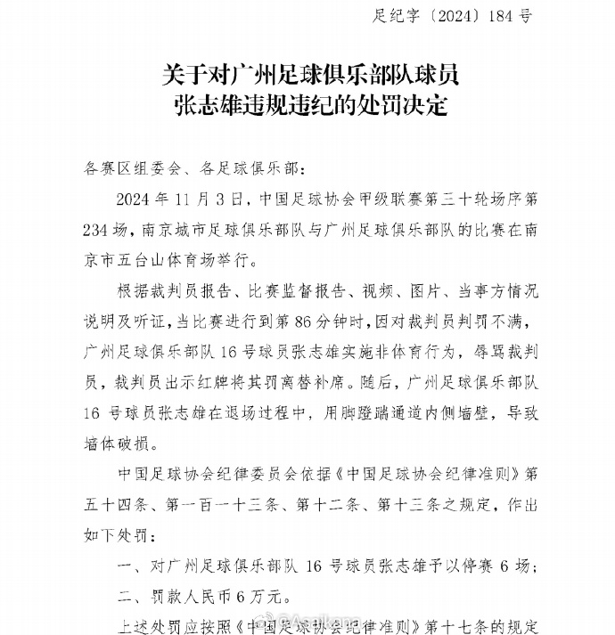 刘浪舟、张志雄1场天然停赛主动消除，6场停赛将跨赛季跨赛事履行