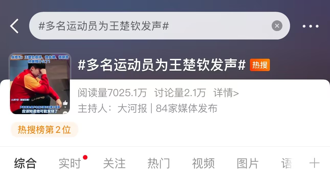 “他做错什么了？”《多名运动员为王楚钦发声》高居微博热搜第二