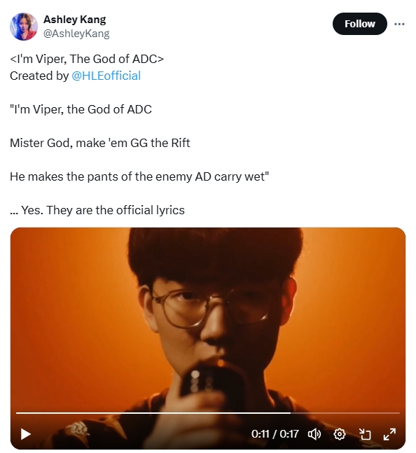 韩媒记者分享Viper续约视频歌词大意：我是Viper，ADC之神 让他们裤子都湿了