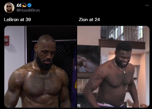 🤦‍♂️差异明显！美媒晒照：39岁的勒布朗&24岁的锡安