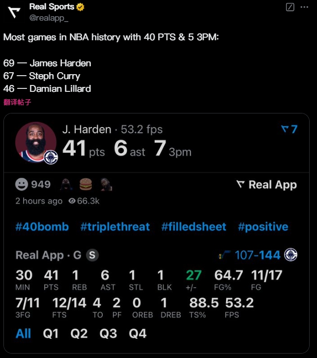 哈登第69次单场至少5三分砍下40+！NBA历史最多🔥库表分列二三