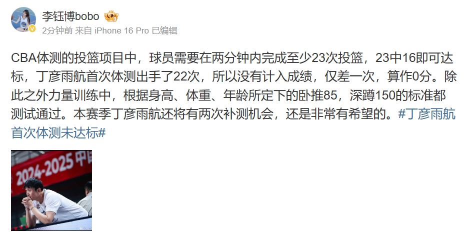 👀丁彦雨航首次体测未达标 力量测试通过&投篮0分&17折放弃！