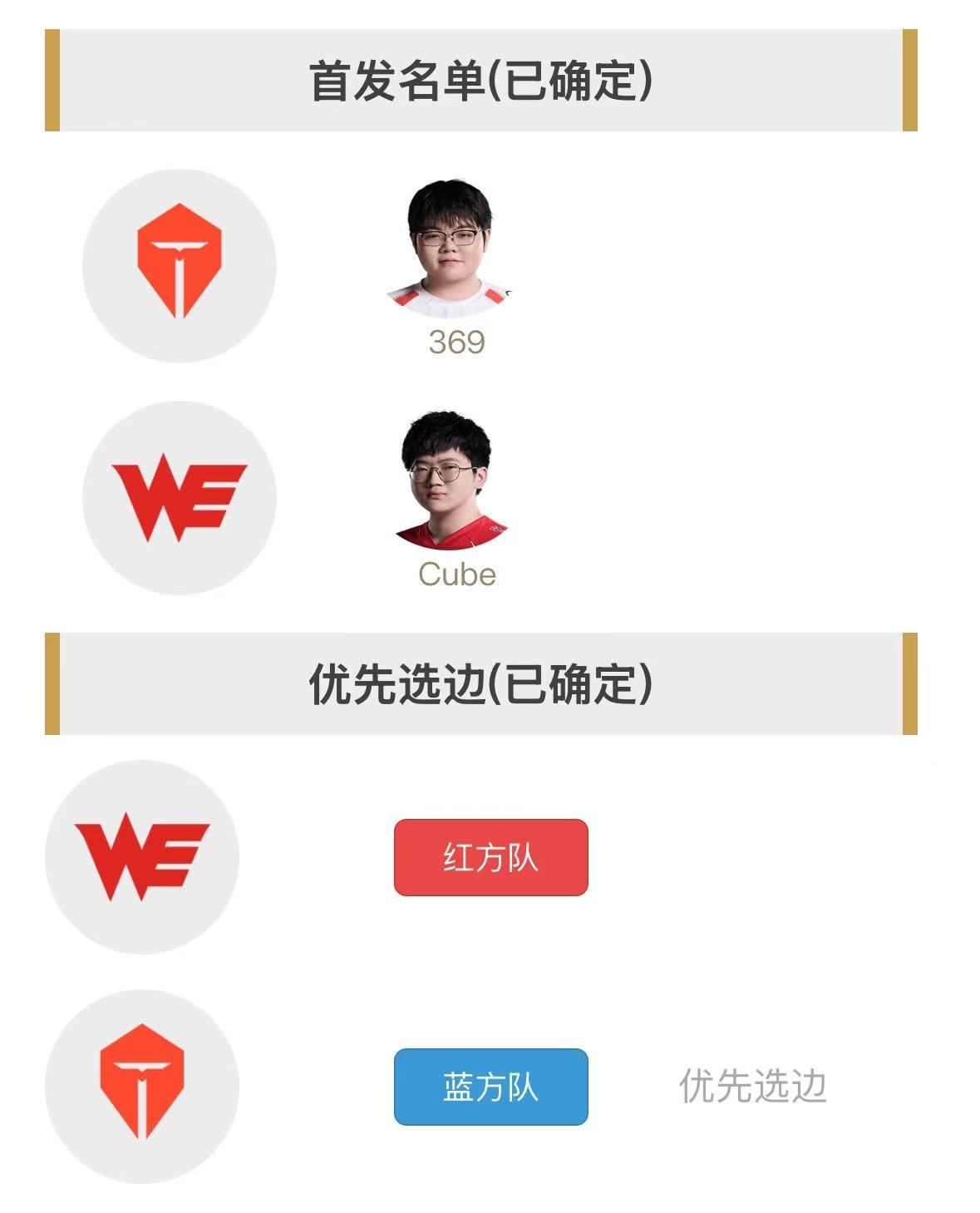 明日首发名单：TES对阵WE 369与Cube激情SOLO