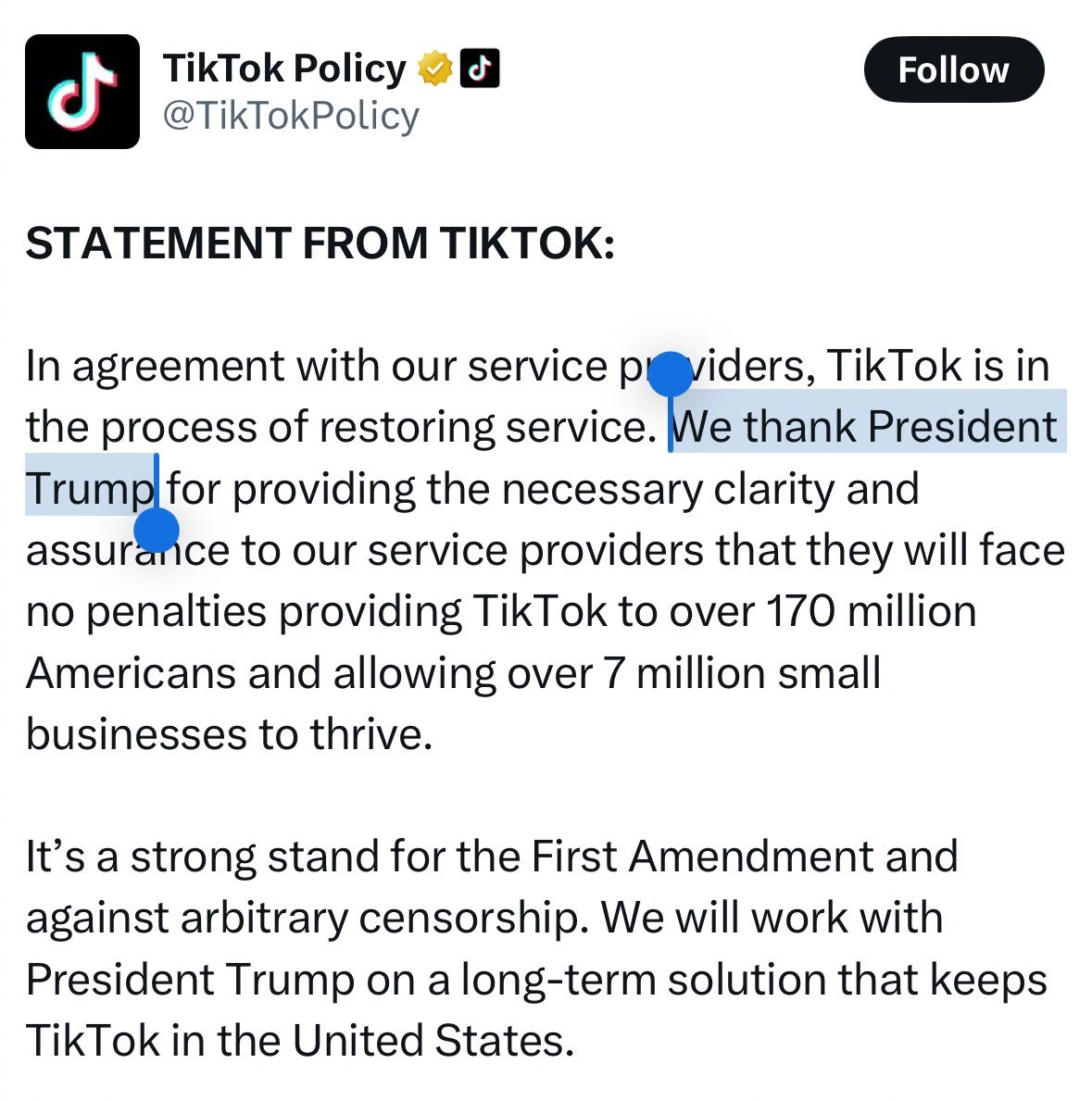 TikTok美国业务关闭数小时后恢复运营：将寻求应用长期解决方案