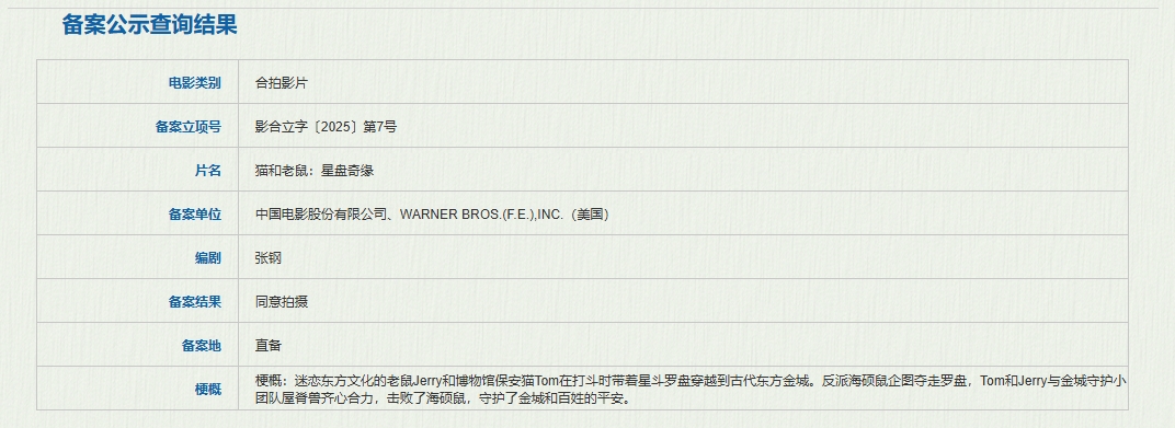 DB官网在线登录入口中美将合拍猫和老鼠电影，已备案，片名《猫和老鼠：星盘奇缘》