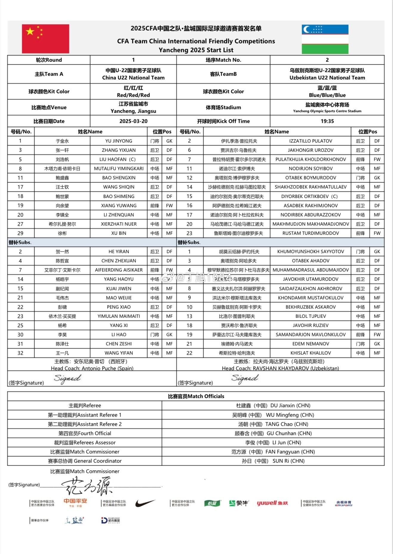 U22国足vs乌兹别克斯坦首发出炉！